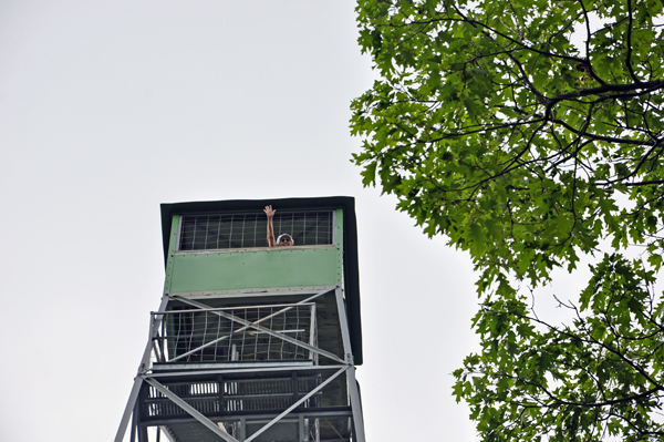 Karen Duquette at the top of the Aiton Heighst Fire Tower